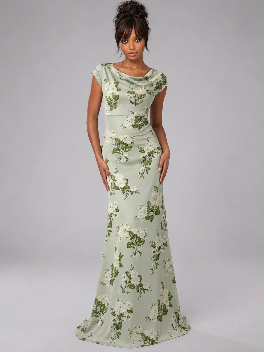 AW Bridal Sage Green Floral Satin Maxi Gown NWOT Size 4 Wedding Guest Formal